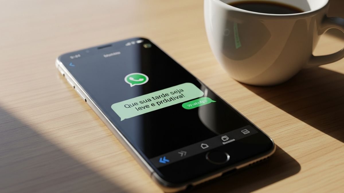 Celular exibindo mensagem de boa tarde na tela ao lado de uma xícara de café em mesa iluminada pela luz da tarde.