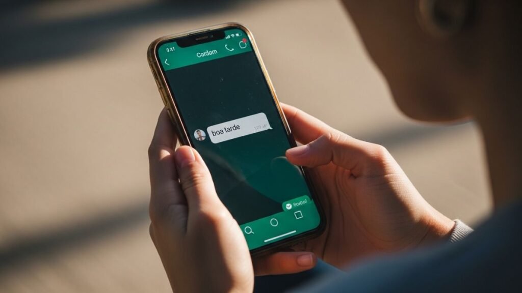 Pessoa lendo mensagem de boa tarde curta no celular durante a tarde.