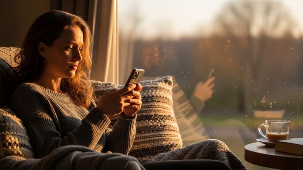 Pessoa emocionada lendo mensagem de boa tarde profunda próxima à janela ao entardecer.