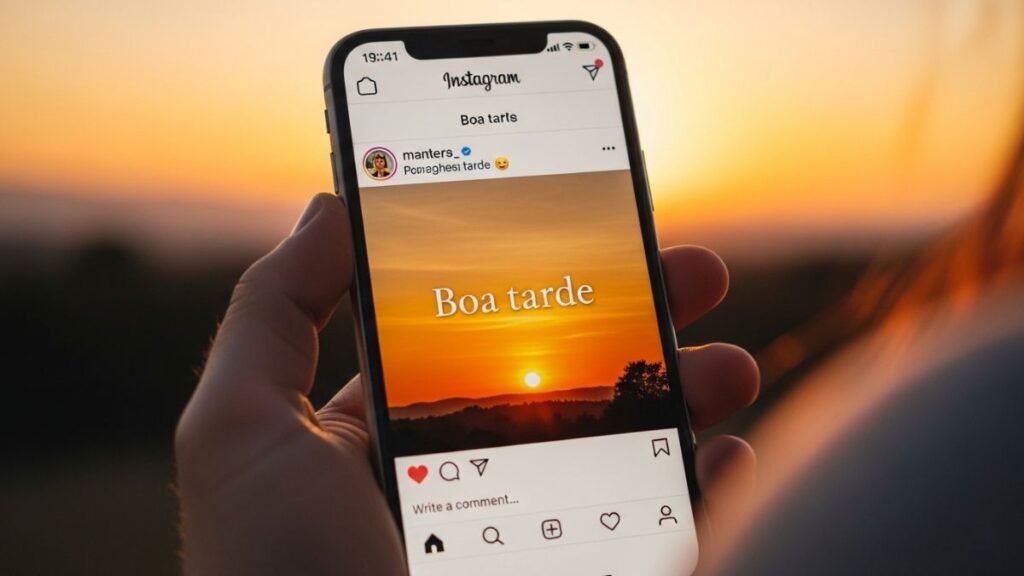 Celular exibindo postagem com mensagem de boa tarde em rede social durante o pôr do sol.