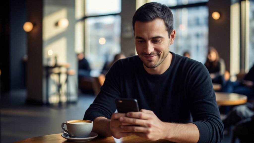 Homem digitando mensagem de boa tarde no celular em uma cafeteria durante a tarde.