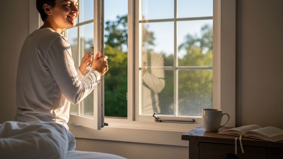 Pessoa abrindo a janela pela manhã representando mensagem de bom dia especial.