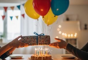 Pessoa recebendo presente e abraço durante comemoração com mensagem de feliz aniversário.
