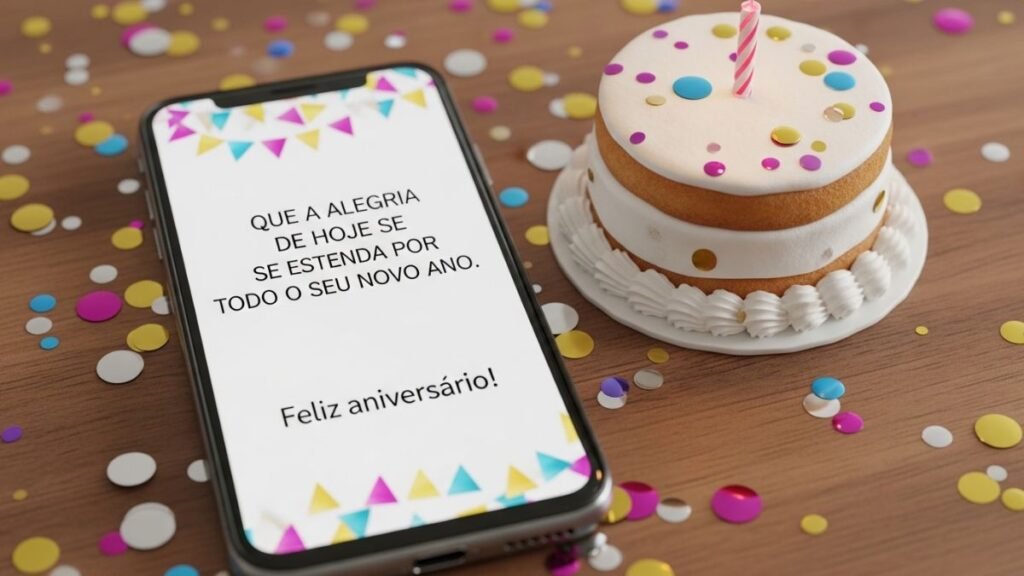 As Melhores Mensagem de Feliz Aniversário para Encantar e Surpreender 2 Celular exibindo mensagem de feliz aniversário curta ao lado de bolo.