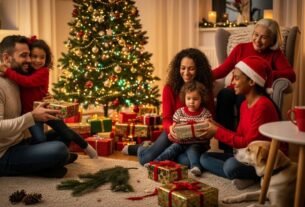 Família reunida trocando abraços durante celebração com mensagem de natal.