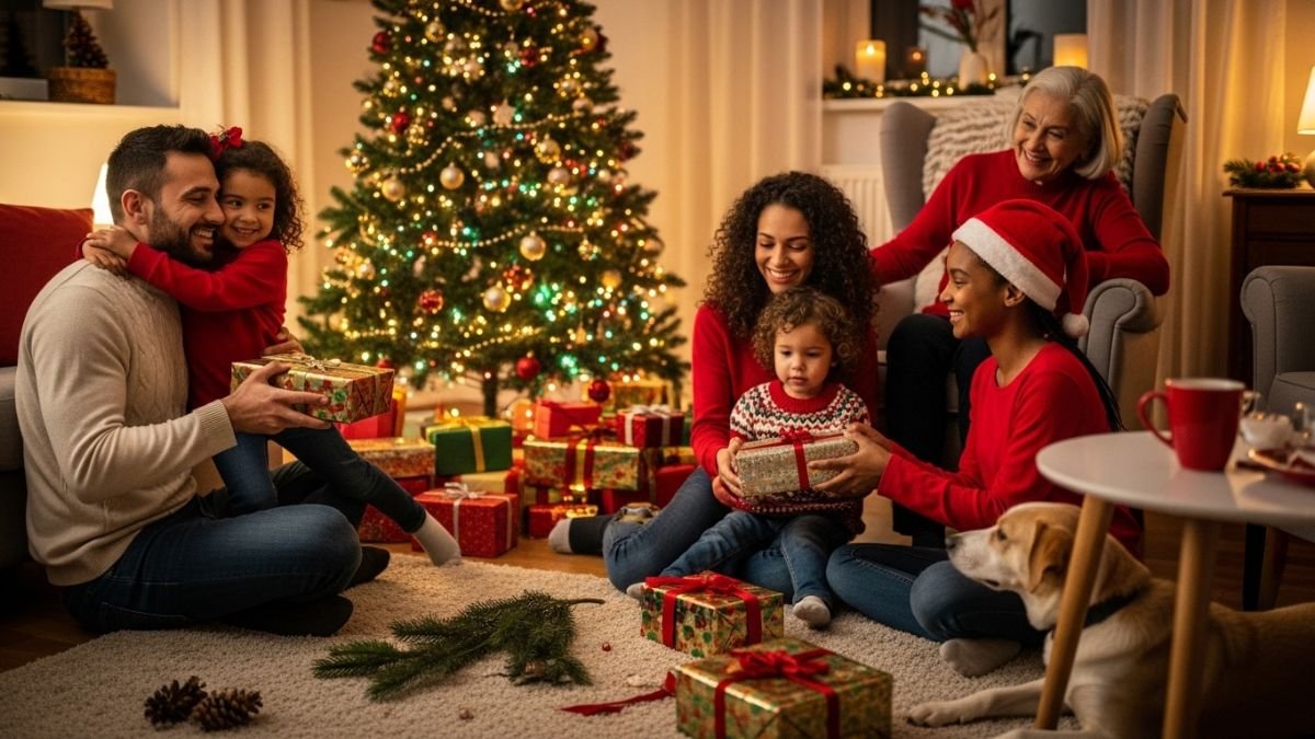 Família reunida trocando abraços durante celebração com mensagem de natal.