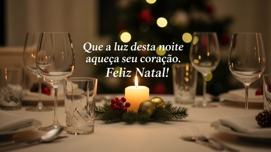 Imagem com frase curta de mensagem de natal sobre mesa decorada.