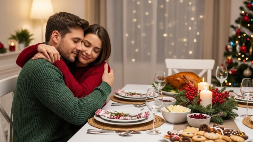 Abraço emocionado durante ceia acompanhado de mensagem de natal.