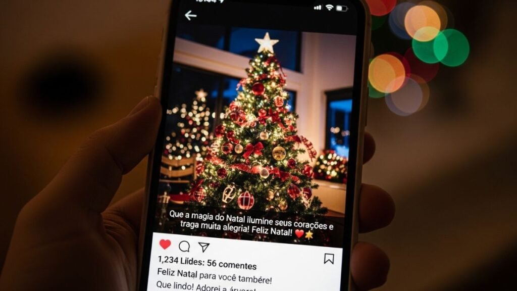 Post em rede social com mensagem de natal e interação de amigos.
