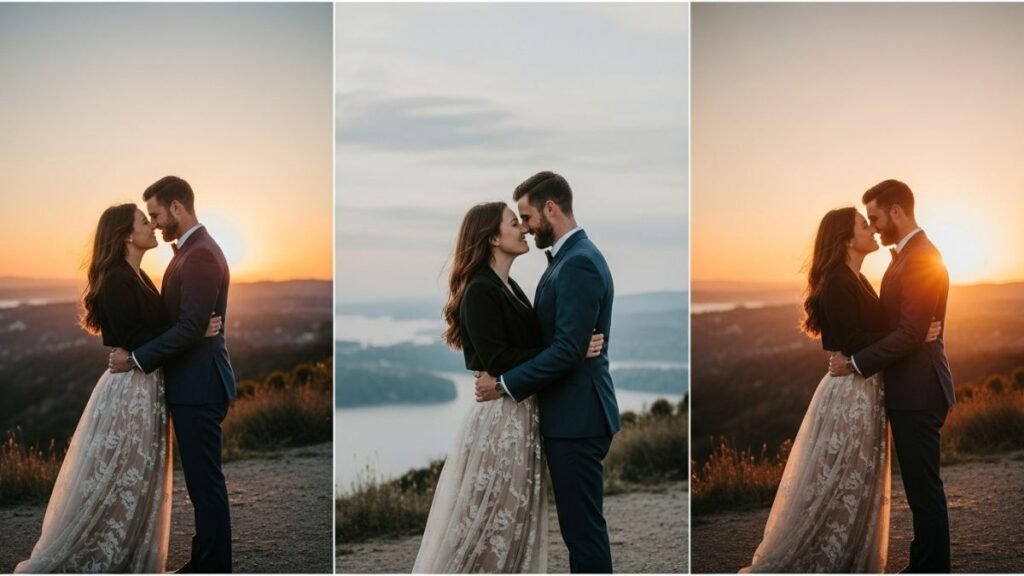 Diferentes momentos de casal mostrando quando usar frases de amor
