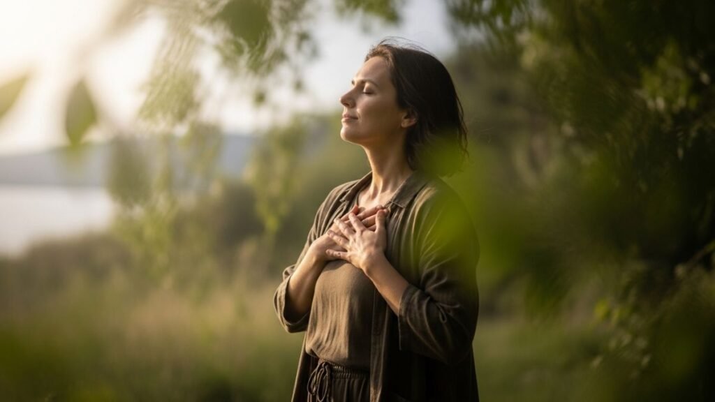 Pessoa respirando fundo com expressão de paz representando o significado de frases de motivação e gratidão.