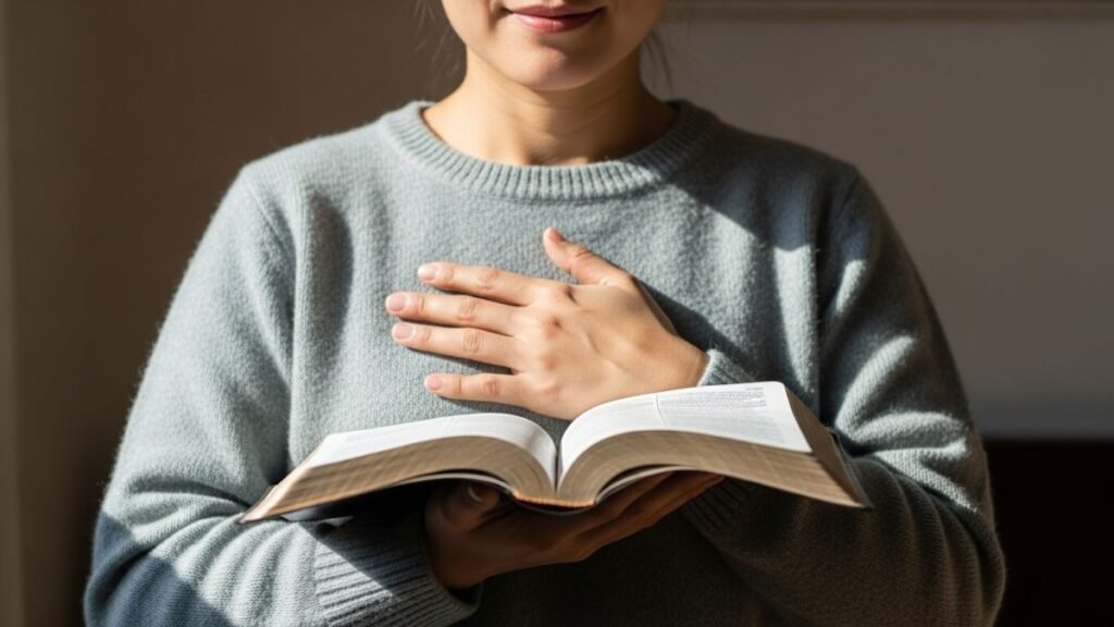 Pessoa segurando Bíblia simbolizando fé e frases bíblicas curtas
