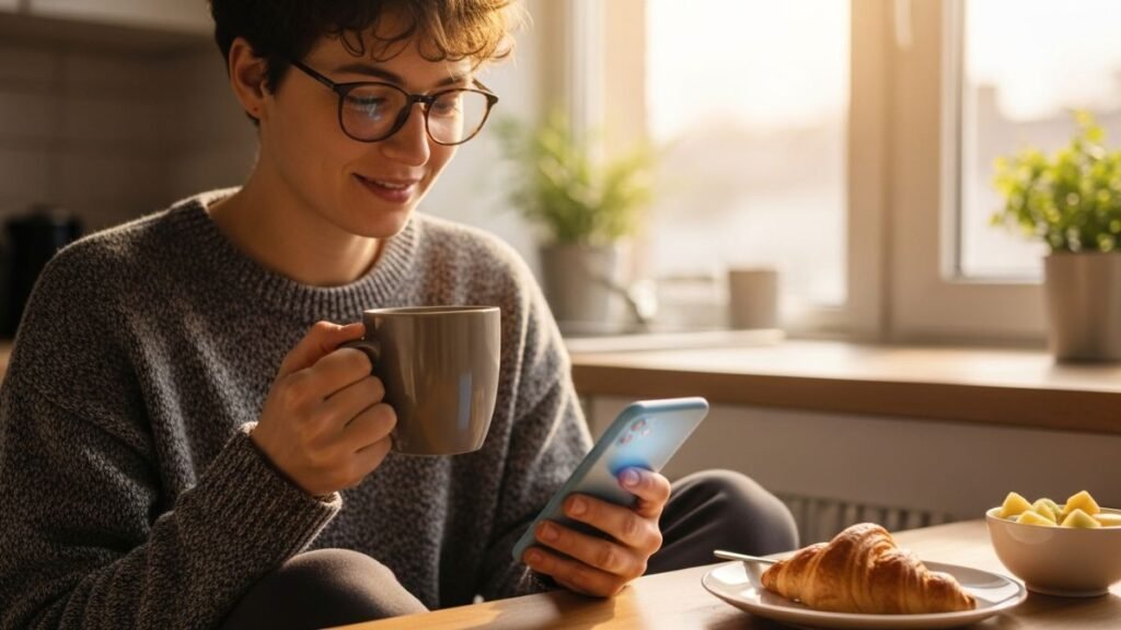 Pessoa lendo frases de amor próprio para status no celular
