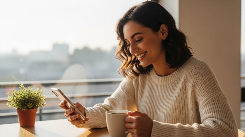 Mulher lendo frases de amor próprio no celular.