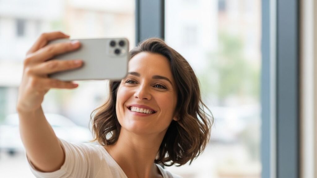 Pessoa tirando selfie representando frases de agradecimento para redes sociais
