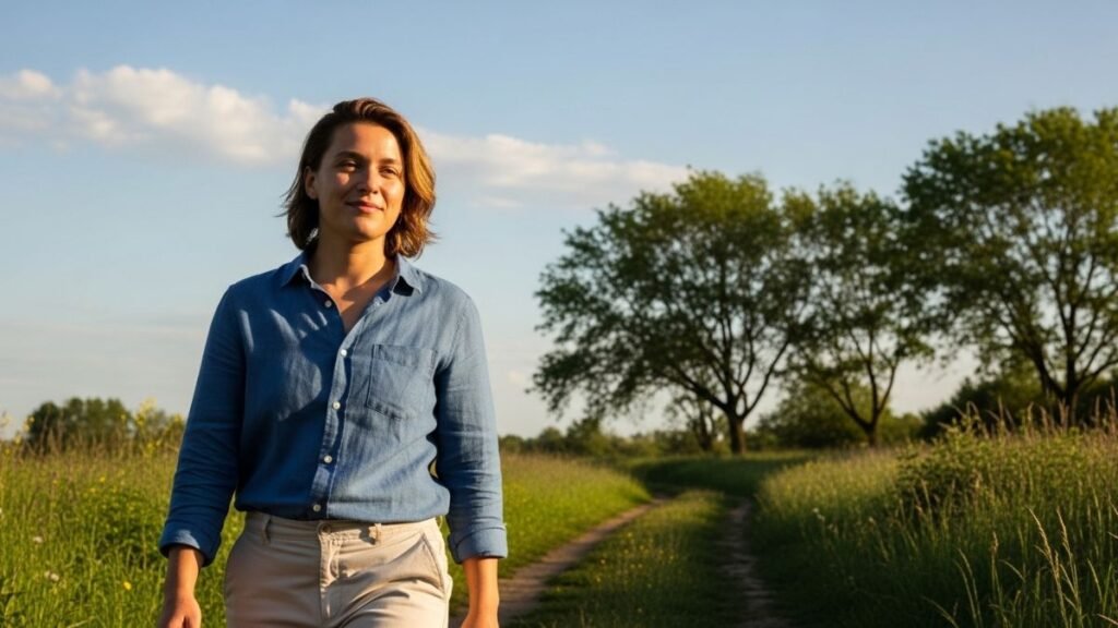 Pessoa inspirada por frases de gratidão a deus para status caminhando ao ar livre.