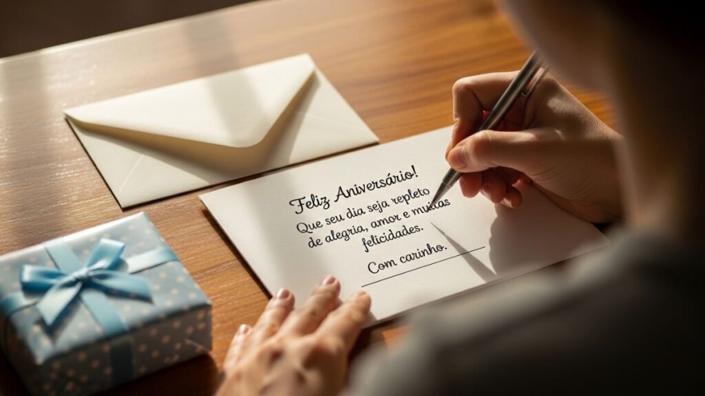 As Melhores Mensagem de Feliz Aniversário para Encantar e Surpreender 5 Pessoa escrevendo variação de mensagem de feliz aniversário em cartão.