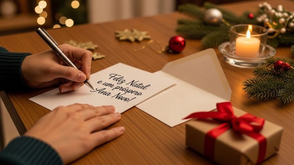 Pessoa escrevendo variação de mensagem de natal em cartão físico.