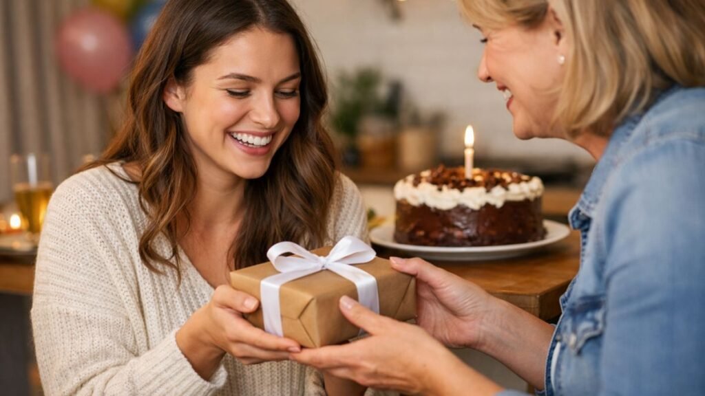 Mãe ou pai entregando presente de aniversário para filha em comemoração em casa.