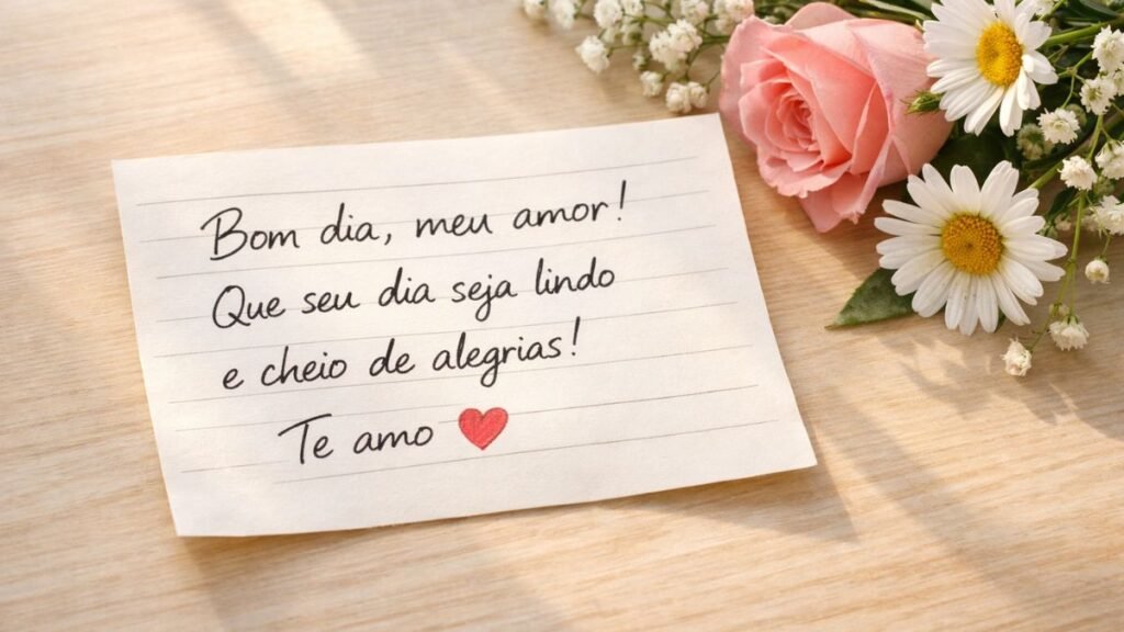Bilhete escrito à mão com mensagem de bom dia com carinho sobre mesa clara.
