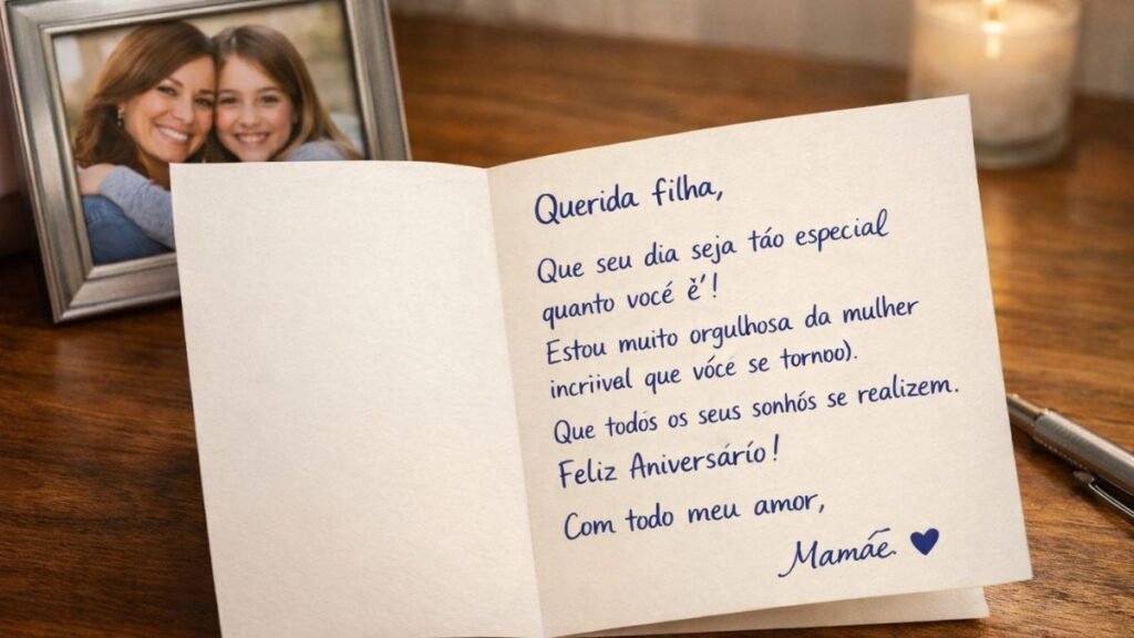 Cartão com mensagem de aniversário para filha escrito à mão ao lado de foto das duas.