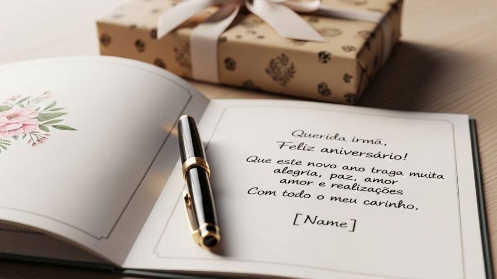 Cartão com mensagem de aniversário para irmã escrito à mão ao lado de presente.