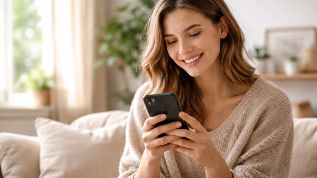 Pessoa lendo mensagem de bom dia com carinho no celular ao acordar.