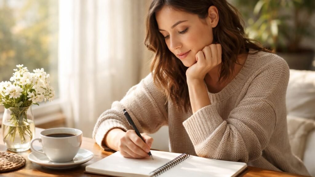 Pessoa escrevendo mensagem de bom dia com carinho em caderno pela manhã.