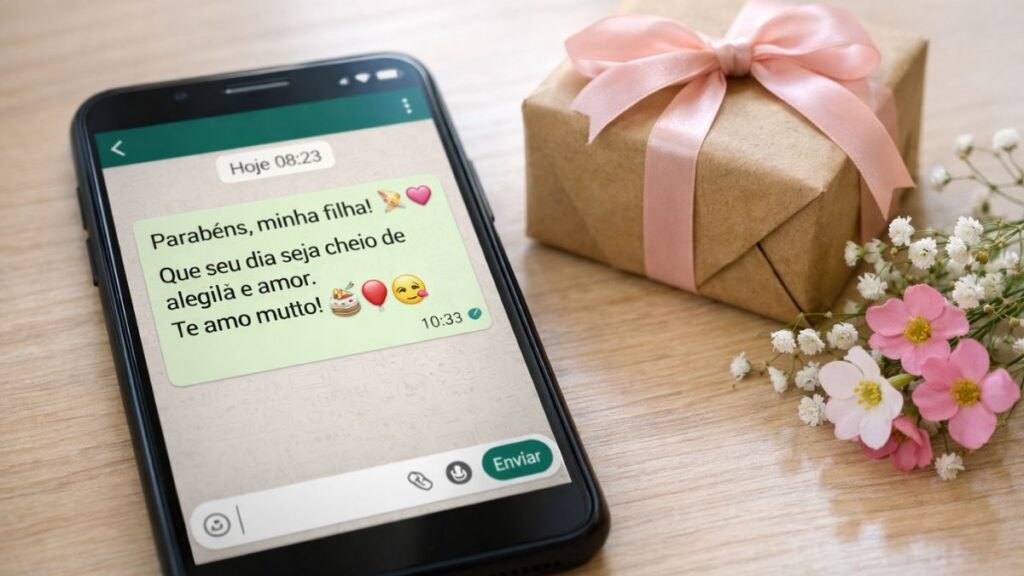 Celular exibindo mensagem de aniversário curta para filha ao lado de presente.