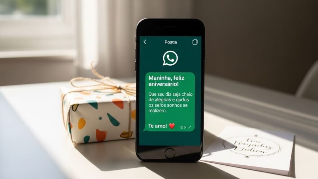 Celular exibindo mensagem de aniversário curta para irmã ao lado de presente embrulhado.