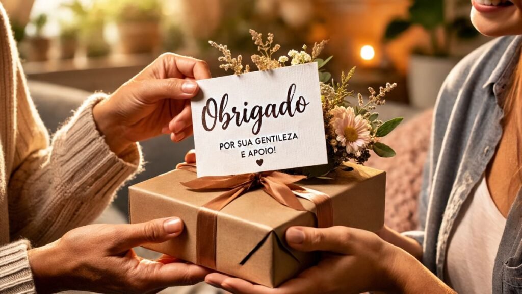 Mensagem de Agradecimento: Palavras para Demonstrar Gratidão 7 Pessoa entregando presente com cartão de mensagem de agradecimento.