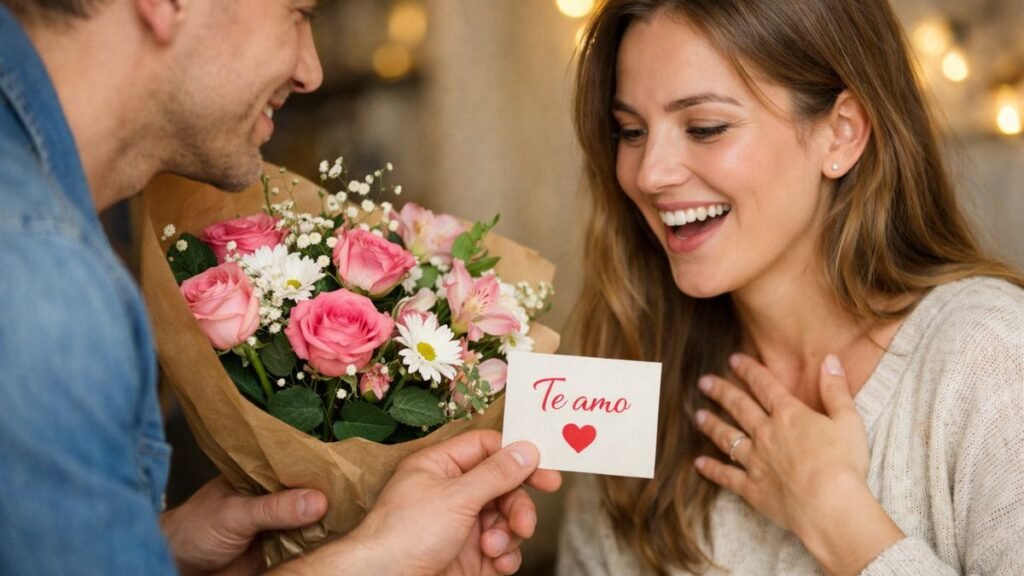 Mensagem de Amor: Palavras Lindas para Declarar Seus Sentimentos 7 Pessoa entregando flores com cartão contendo mensagem de amor.