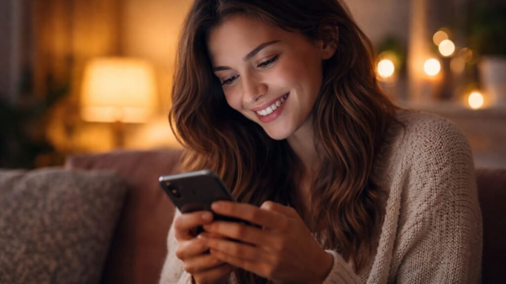 Mensagem de Amor: Palavras Lindas para Declarar Seus Sentimentos 2 Pessoa sorrindo ao ler uma mensagem de amor curta no celular.