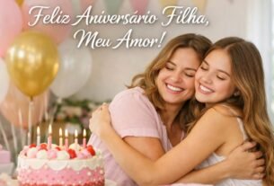 Mãe abraçando filha em festa com texto mensagem de aniversário para filha sobre a imagem.