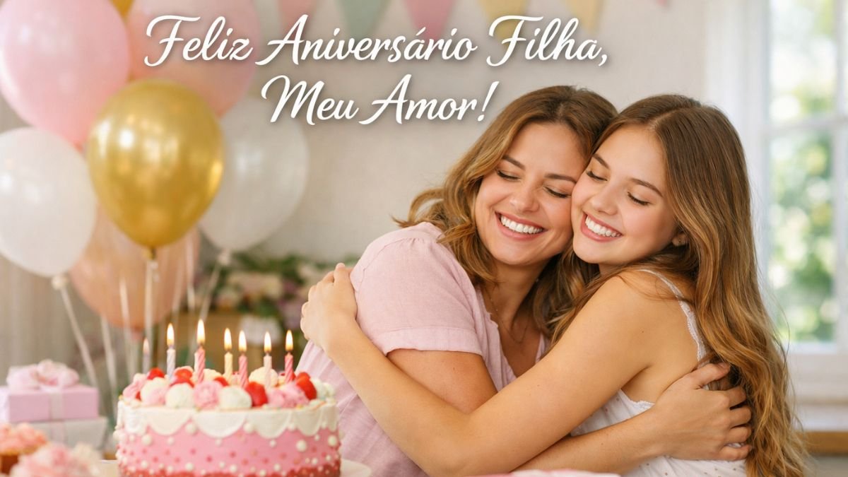 Mãe abraçando filha em festa com texto mensagem de aniversário para filha sobre a imagem.