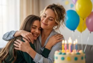 Duas irmãs se abraçando em festa com texto mensagem de aniversário para irmã sobre a imagem.