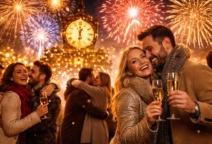 Pessoas comemorando a virada do ano com fogos de artifício representando mensagem de ano novo.