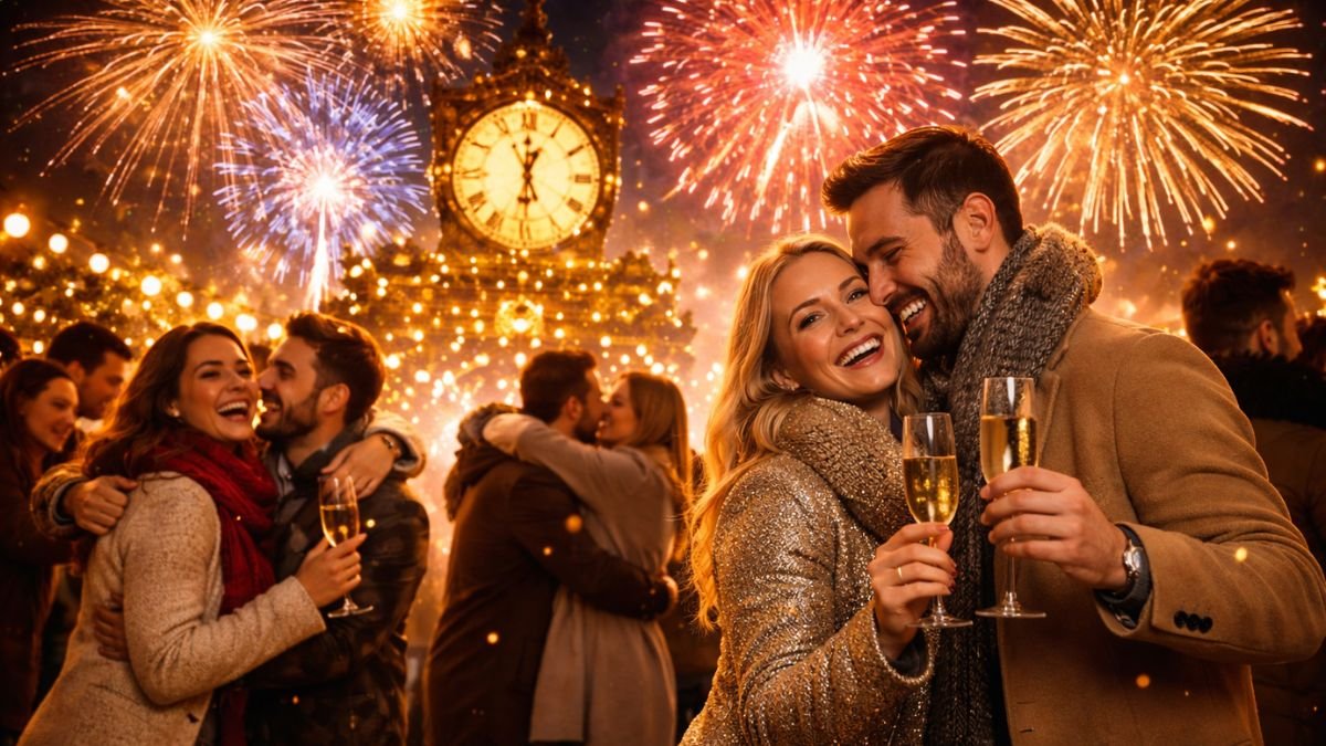 Pessoas comemorando a virada do ano com fogos de artifício representando mensagem de ano novo.