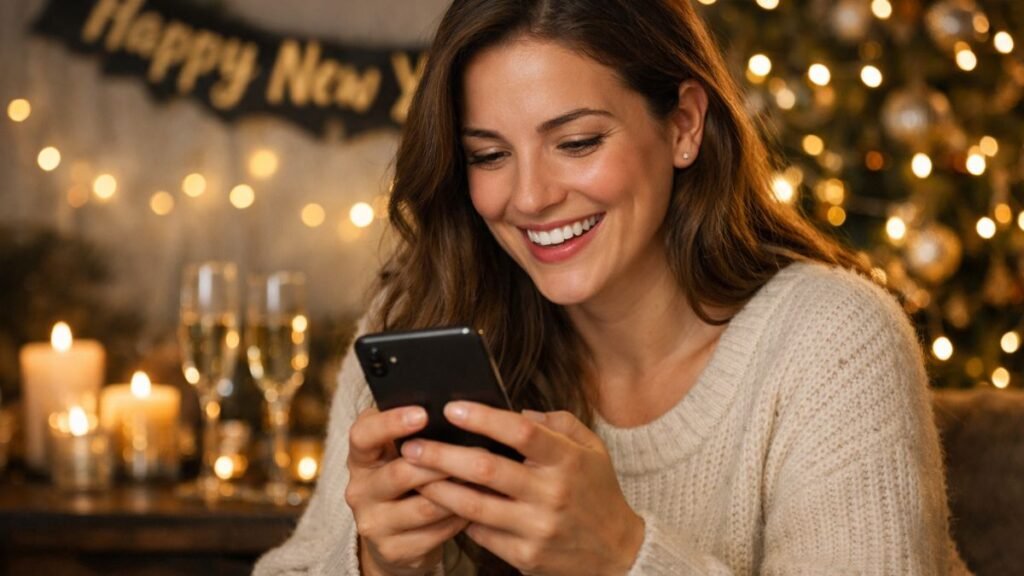Pessoa lendo mensagem de ano novo curta no celular.