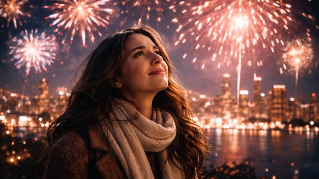 Pessoa refletindo durante fogos de artifício na virada do ano representando mensagem de ano novo emocionante.