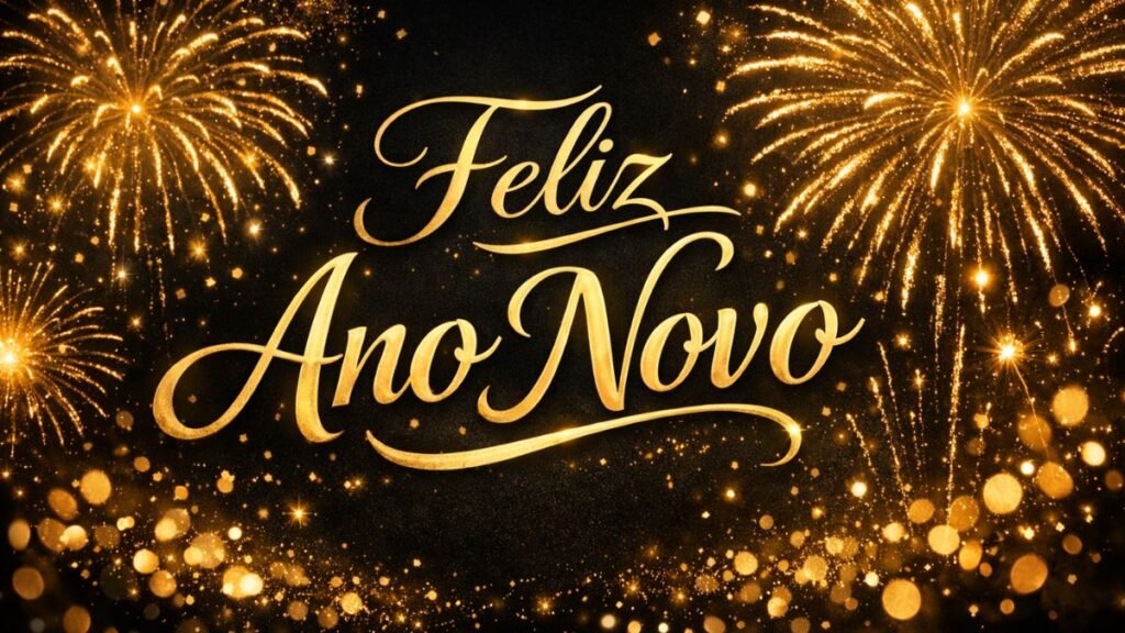 Imagem com texto mensagem de ano novo sobre fundo de fogos de artifício.