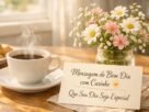 Mesa de café da manhã com bilhete e texto mensagem de bom dia com carinho na imagem.