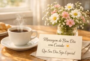 Mesa de café da manhã com bilhete e texto mensagem de bom dia com carinho na imagem.