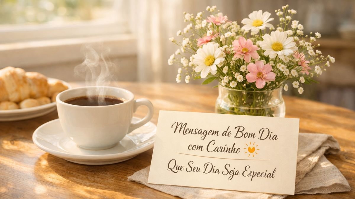 Mesa de café da manhã com bilhete e texto mensagem de bom dia com carinho na imagem.