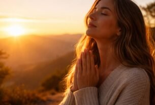 Pessoa em momento de oração ao amanhecer com expressão de fé e paz.