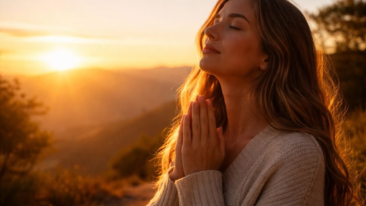 Pessoa em momento de oração ao amanhecer com expressão de fé e paz.