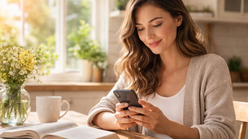 Pessoa enviando mensagem de bom dia evangélica no celular.