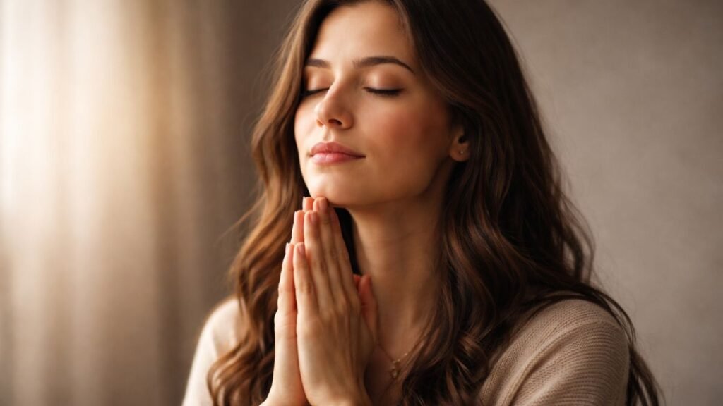 Pessoa orando com expressão de fé e tranquilidade.