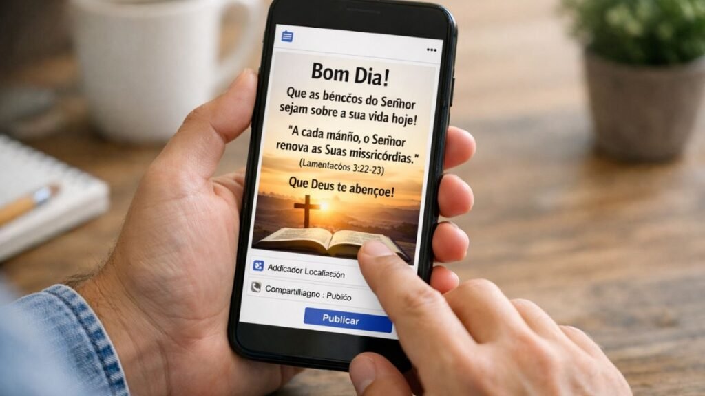 Pessoa compartilhando mensagem de bom dia evangélica nas redes sociais.