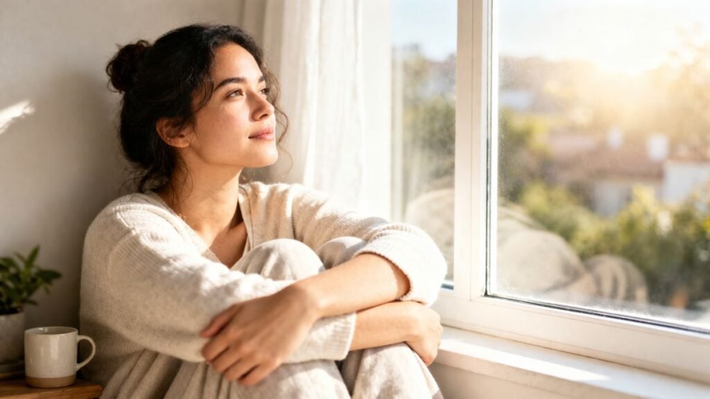 Pessoa refletindo sobre a fé ao amanhecer.